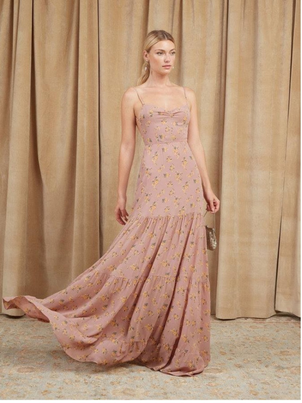 Reformation Fiji Floral Maxi Dress Women 4 Mauve Yellow Ditsy Floral Open Back